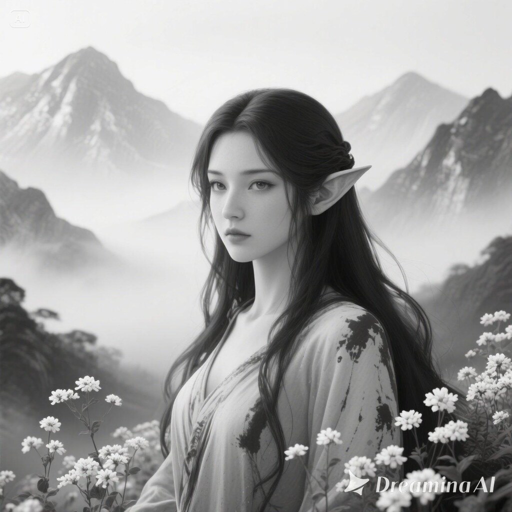 幻想の山岳に佇むエルフ