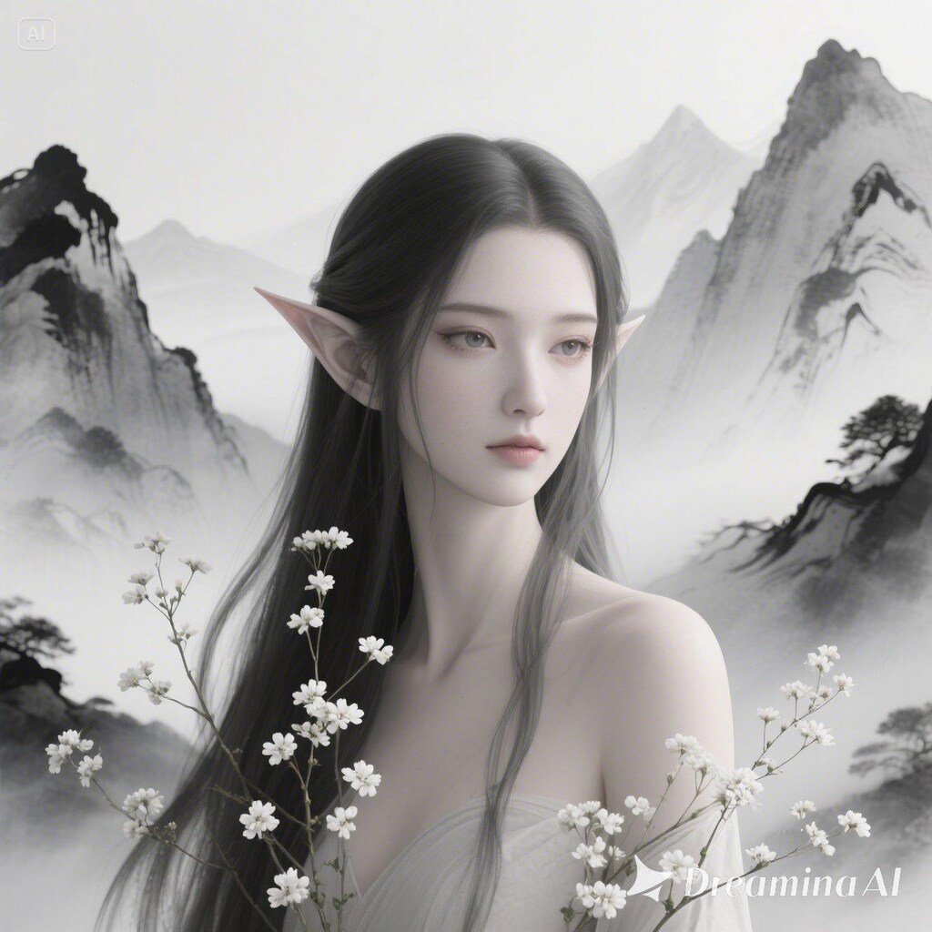 幻想の山岳に佇むエルフ
