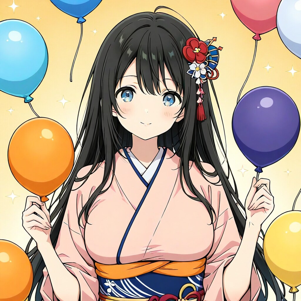 夏祭りでいっぱい風船を持つ黒髪ロングの着物美女。 | の人気AIイラスト・グラビア