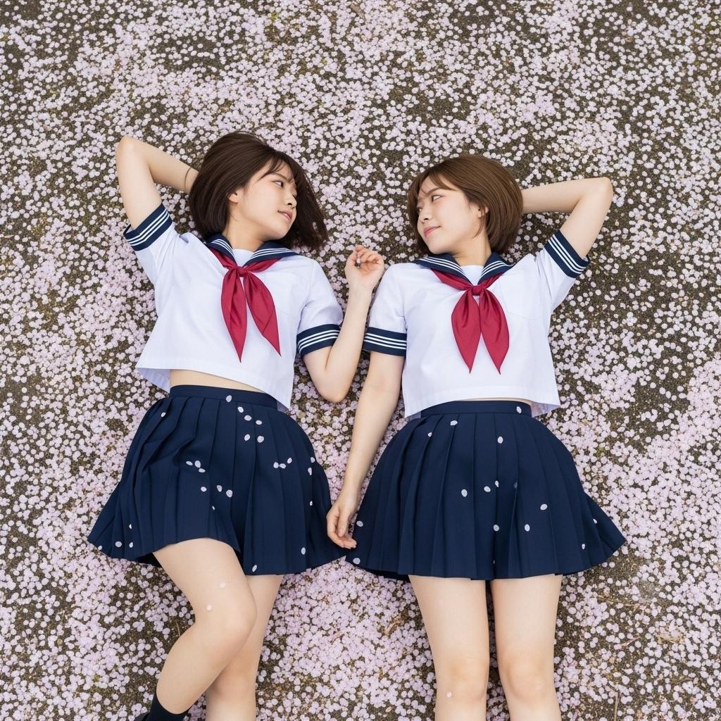 桜の絨毯　二人で寄り添いながら