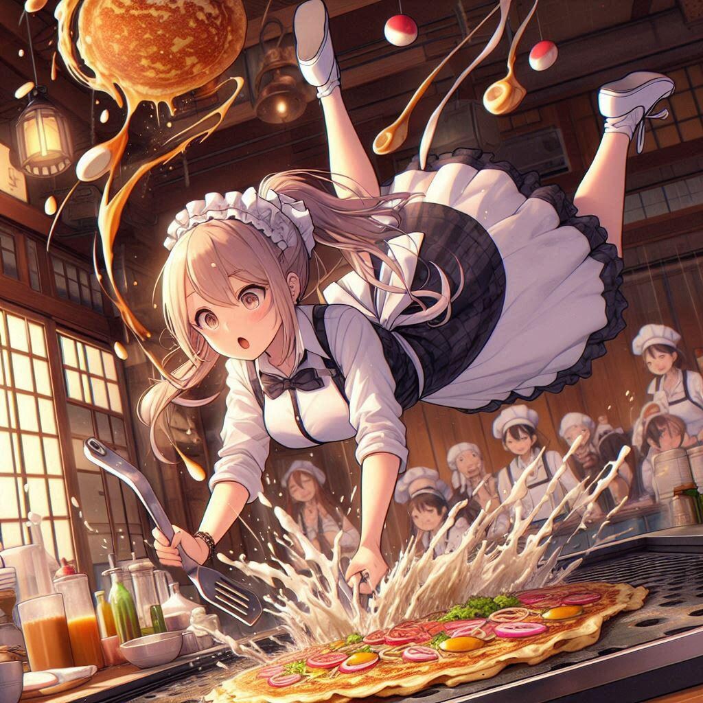 お好み焼きを焼く少女 (ウェイトレスの少女32)