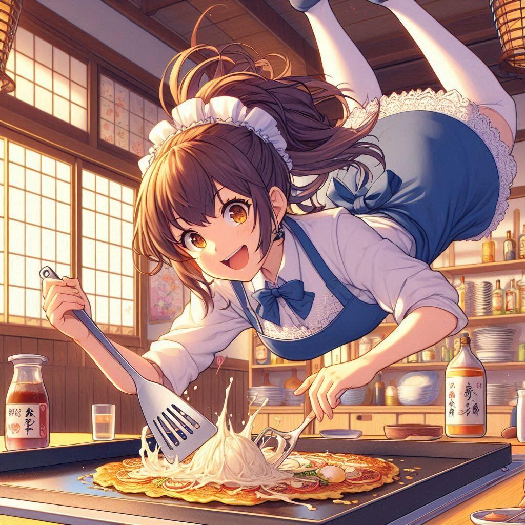 お好み焼きを焼く少女 (ウェイトレスの少女32)