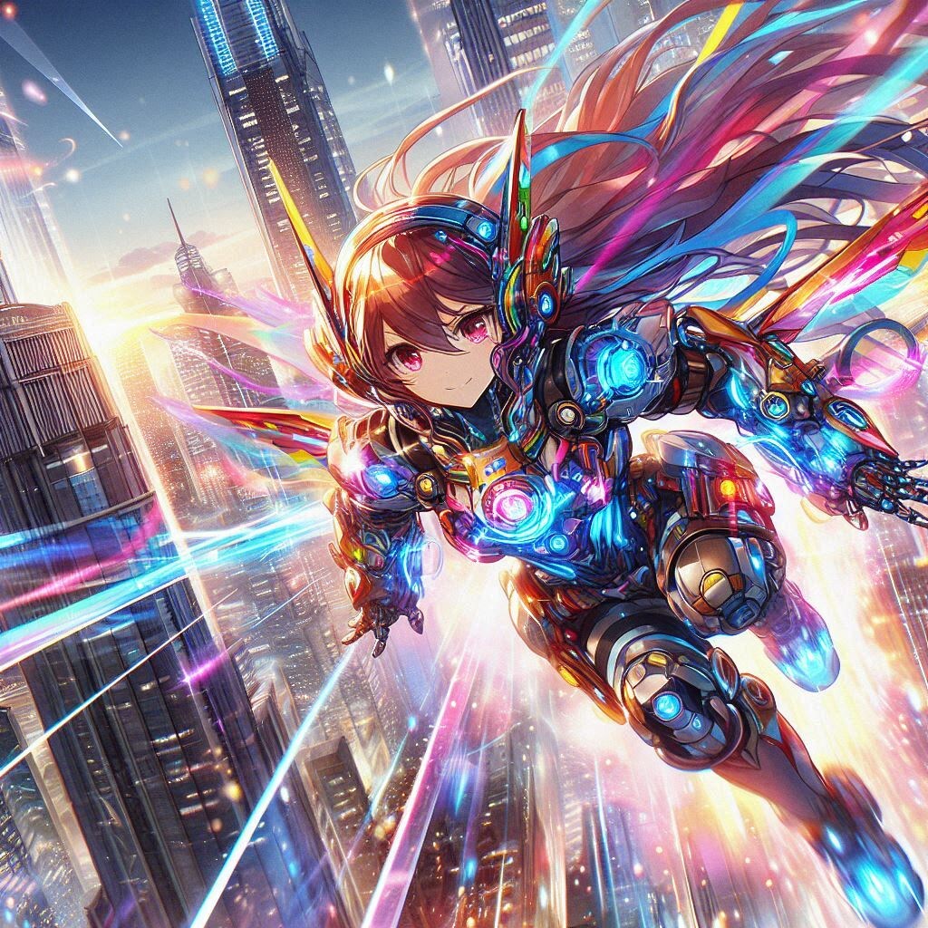 摩天楼を飛び越える機械鎧ちゃん