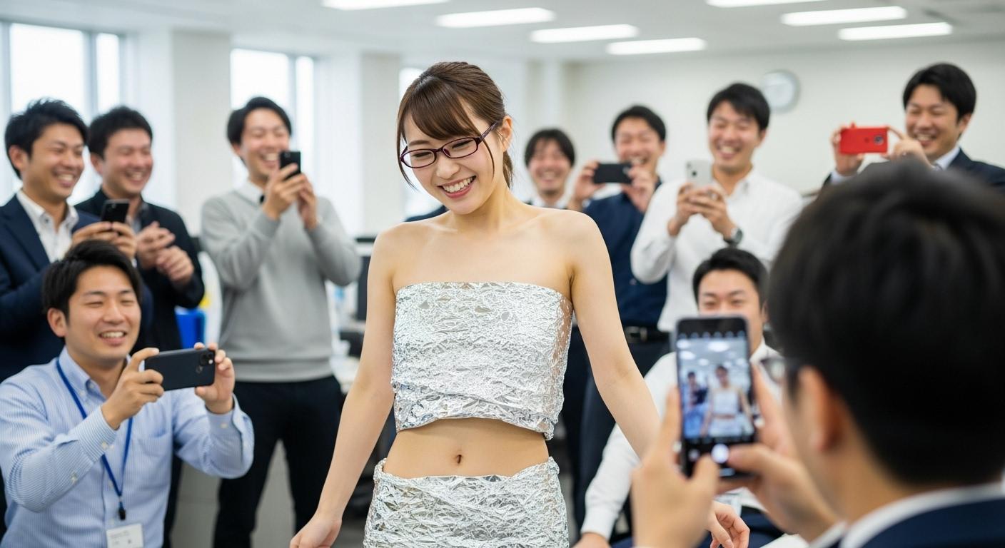 社内でアルミホイルだけを身にまとっている女性