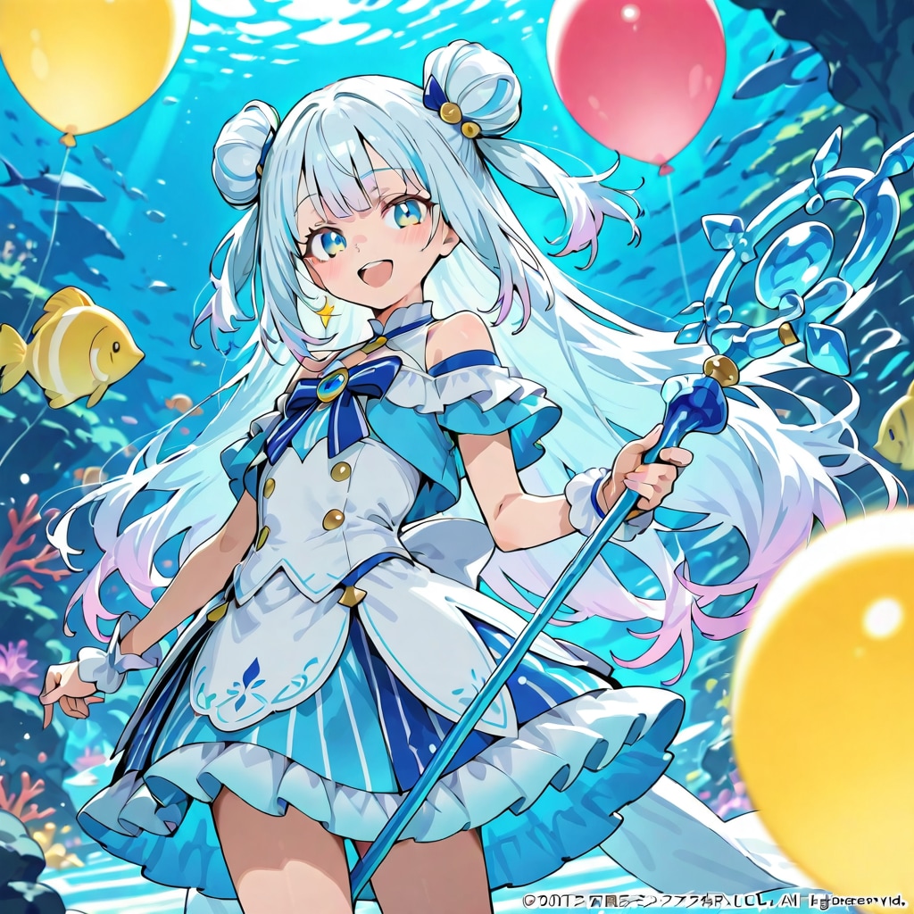 いっぱい色とりどりの風船を持つ水色髪ロングの水族館の美女職員さん