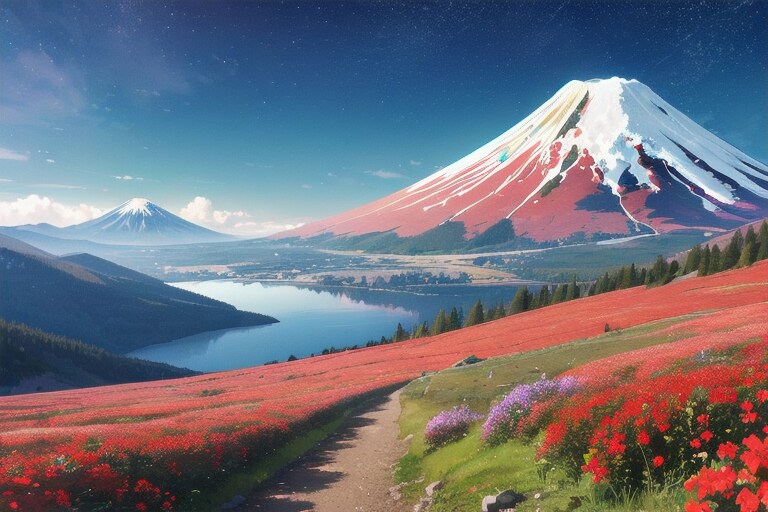 赤富士と青富士を高原から望む。