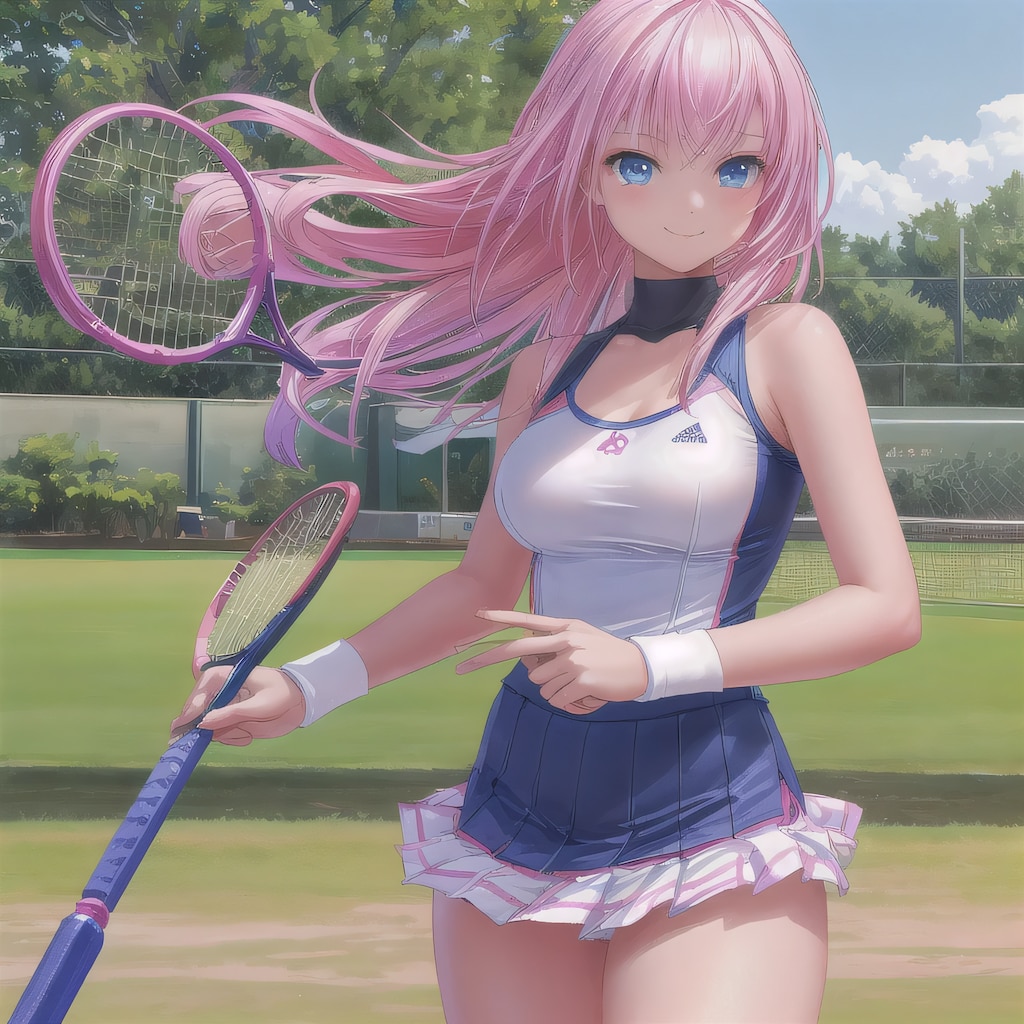 ピンク髪ロングでテニスウェアの少女