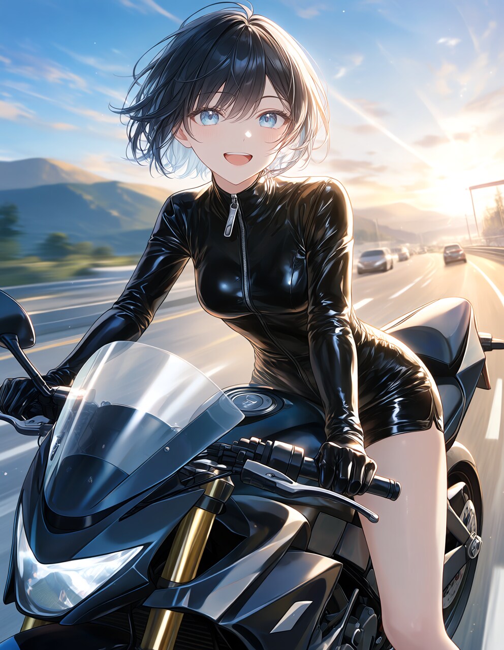 高速道路をバイクで跳ばす本田可憐さん(PixAI版)