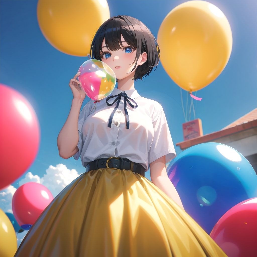 いっぱい色とりどりの巨大風船を持つ黒髪ショートカットの美女 | の人気AIイラスト・グラビア