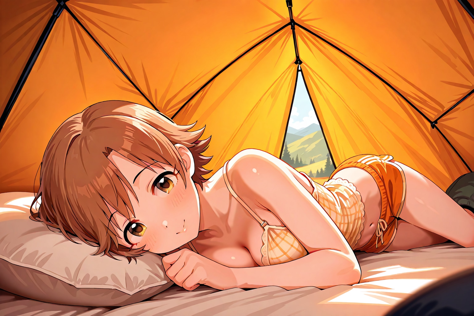 テントの中で横になってこちらを見る本田未央