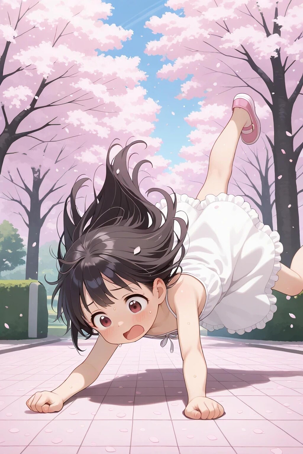 桜にはしゃぎ過ぎて転んだ女の子