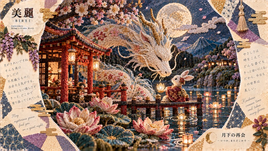 A thread-woven dragon returning beneath a full moon to visit a little rabbit waiting by the lotus po
