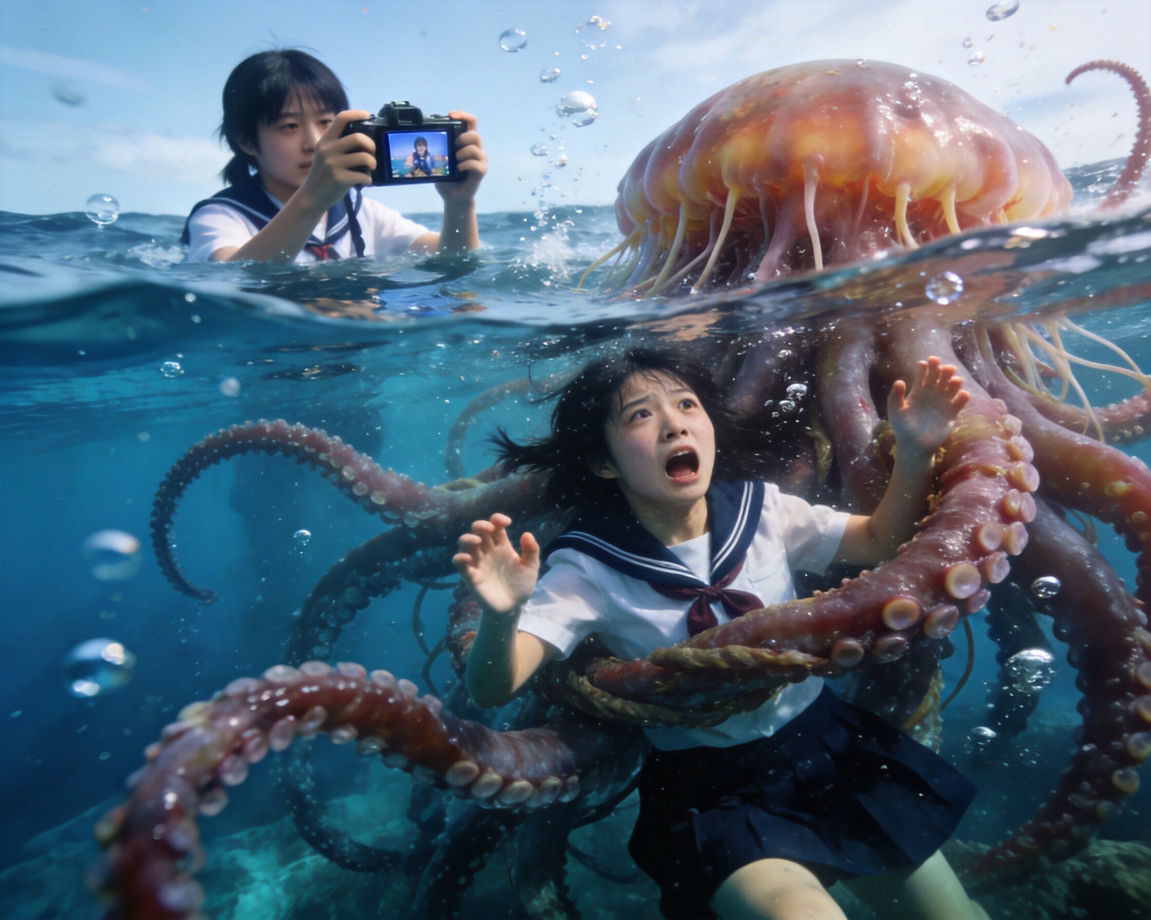 海のモンスターに捕まる少女