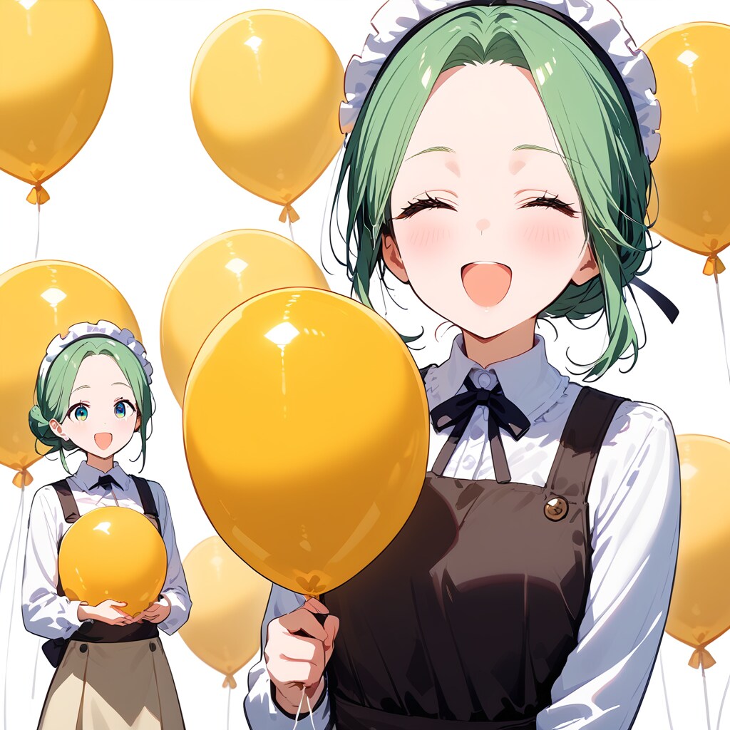 いっぱい黄色の風船を持つ黒髪お団子ヘアの美女。