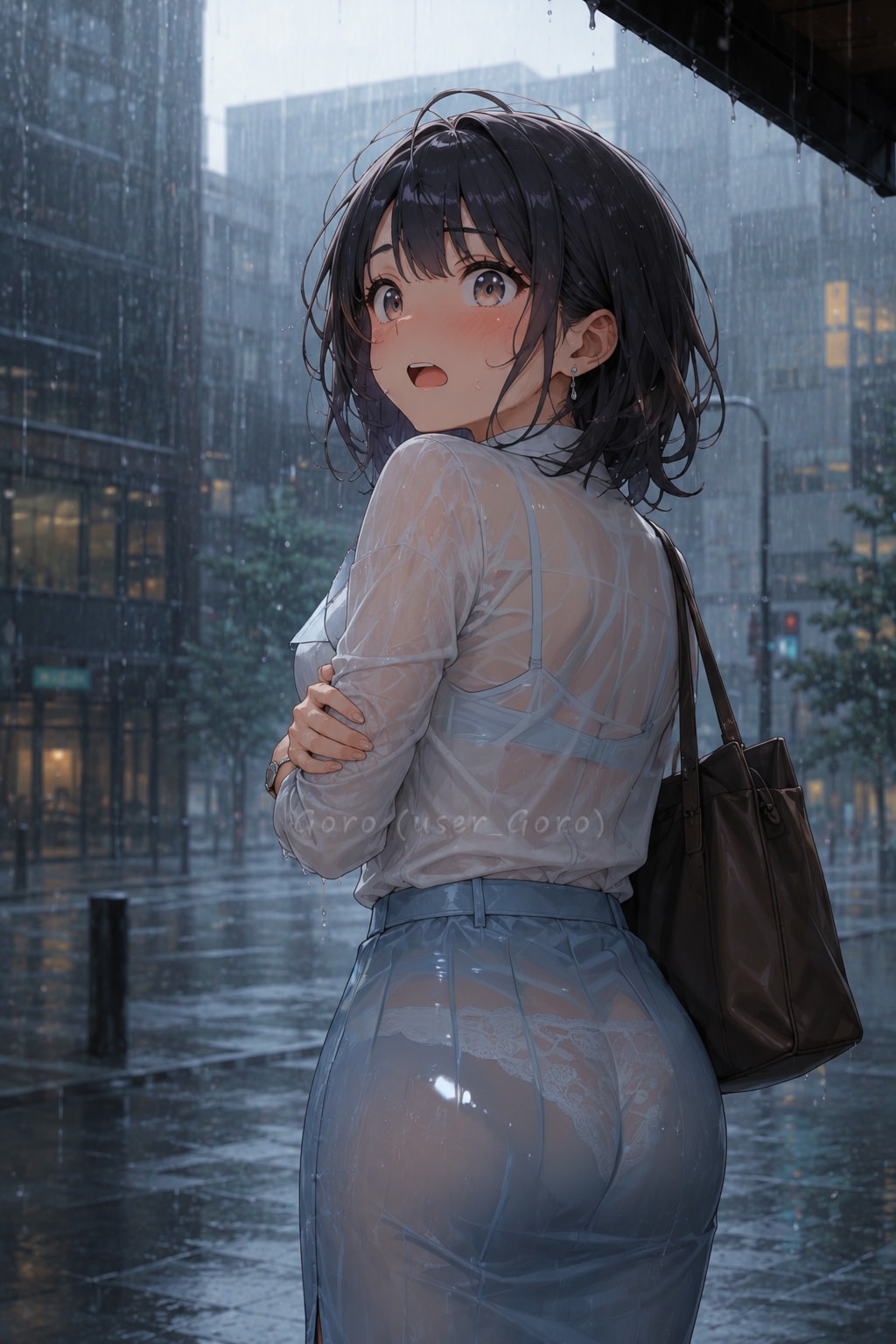 新人OL、梅雨前のにわか雨にびっくり