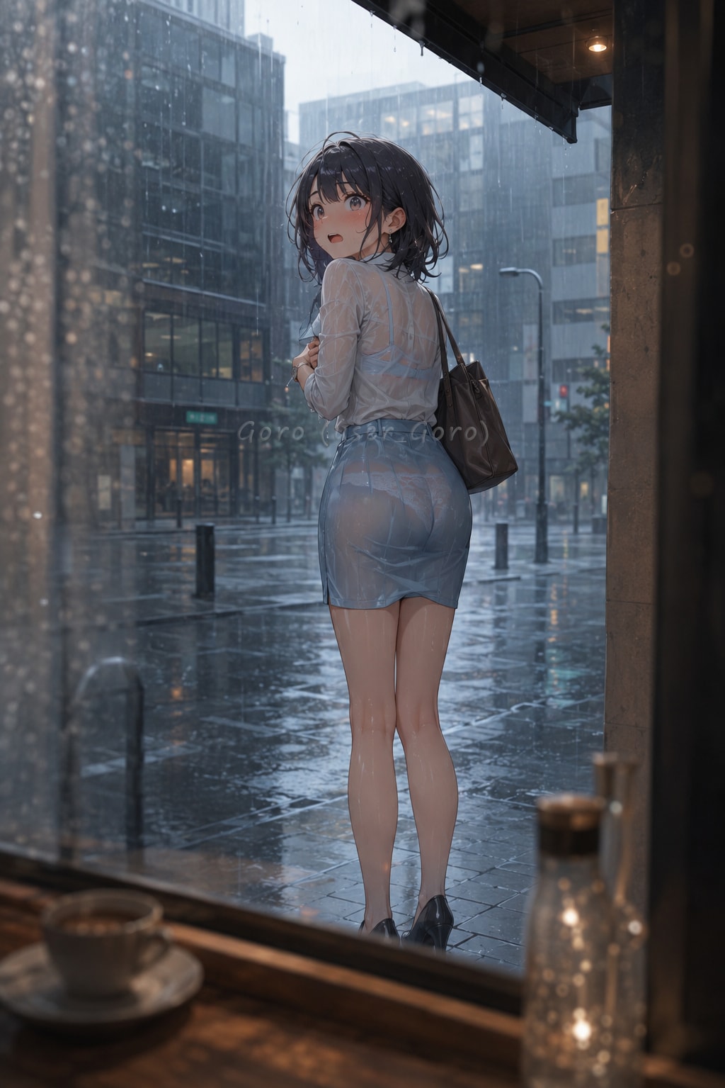新人OL、梅雨前のにわか雨にびっくり