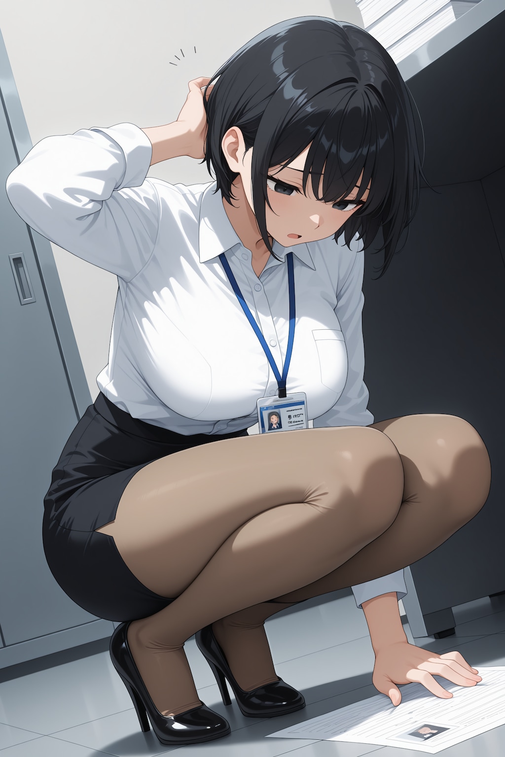 書類を拾おうとする黒髪ショートOL