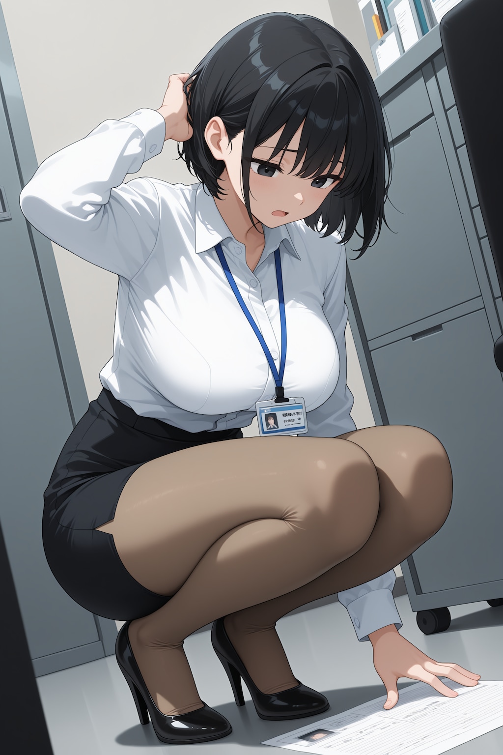 書類を拾おうとする黒髪ショートOL