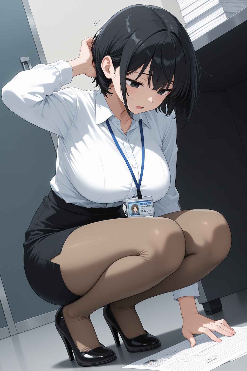 書類を拾おうとする黒髪ショートOL