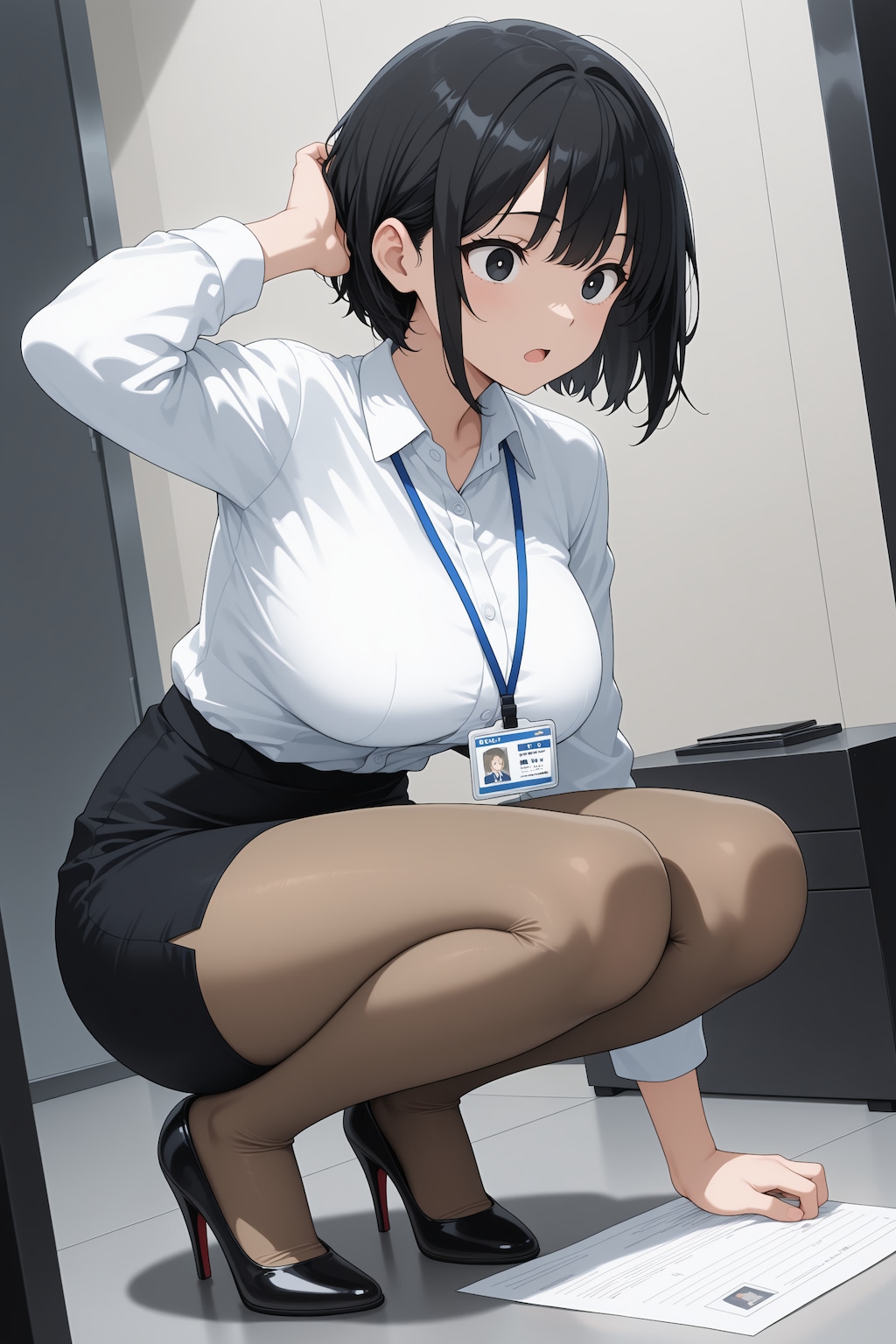 書類を拾おうとする黒髪ショートOL