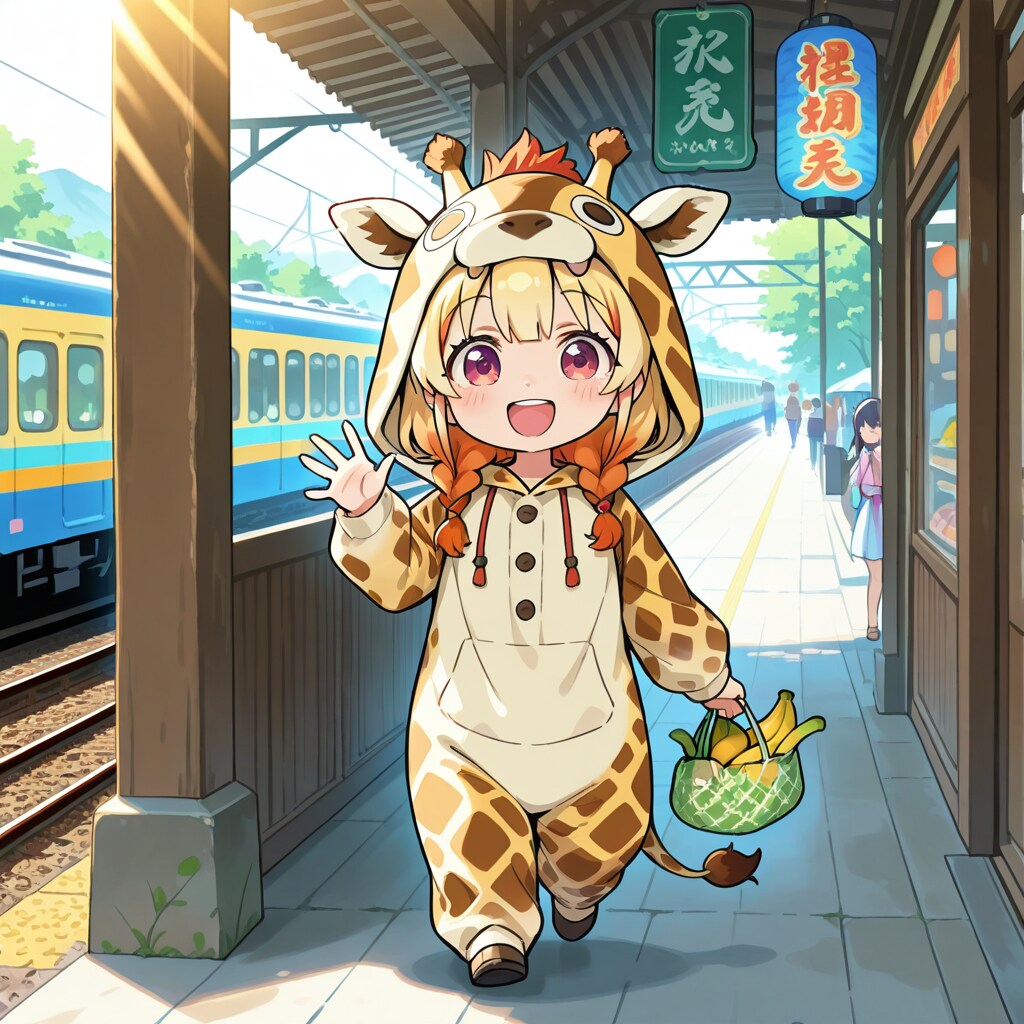 アジア鉄道のホームを歩くキリン着ぐるみちび子ちゃん | の人気AIイラスト・グラビア