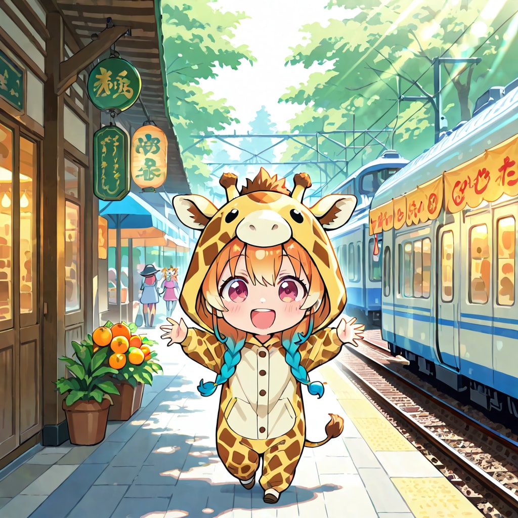 アジア鉄道のホームを歩くキリン着ぐるみちび子ちゃん