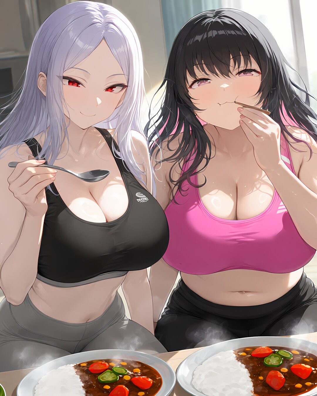 🍛朝トレ後の福神漬カレー！スポーツギャルコンビの活力朝食スパイス🔥 | の人気AIイラスト・グラビア