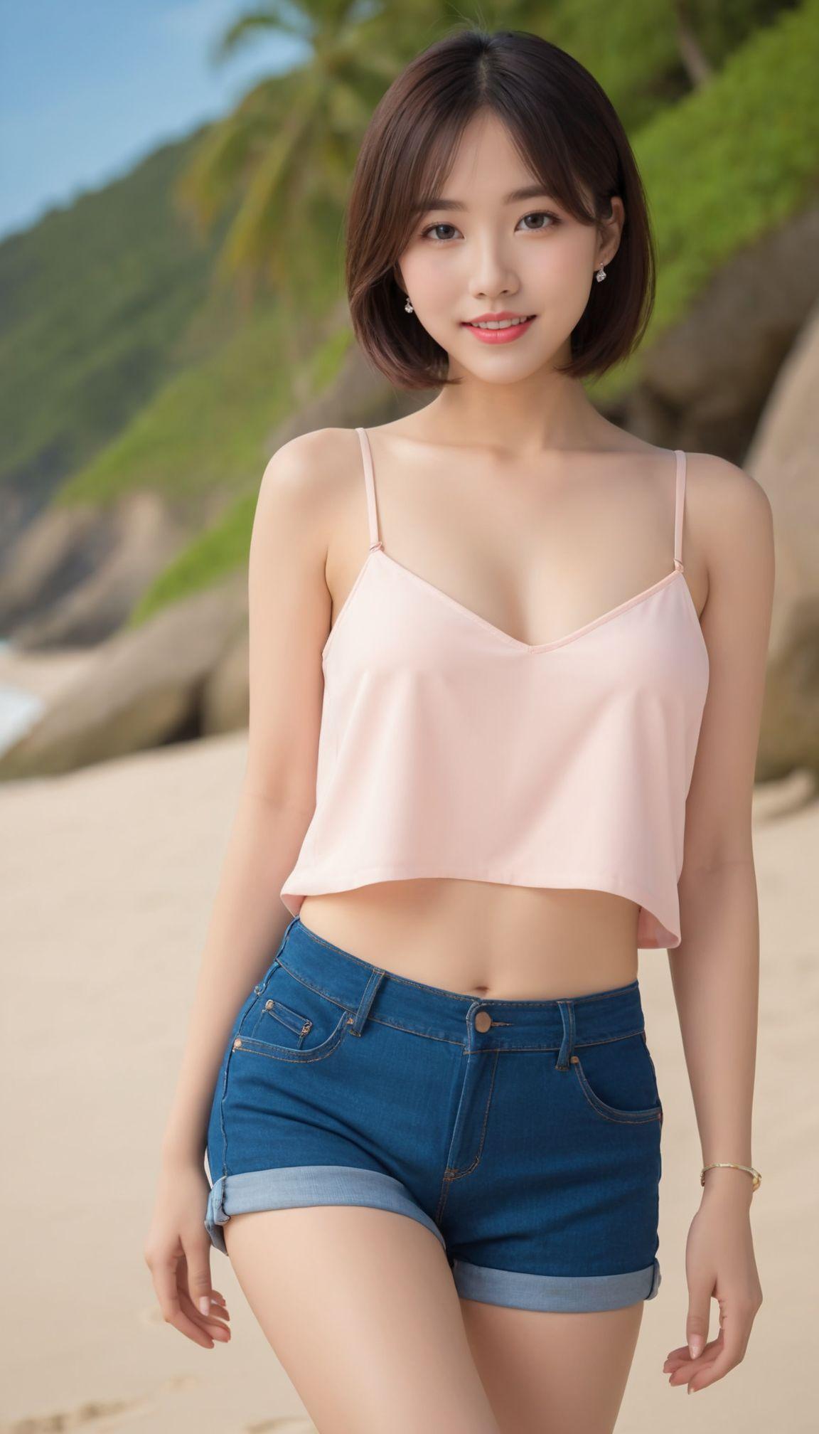 キャミソールとショートパンツで海岸を歩く２２歳の美女
