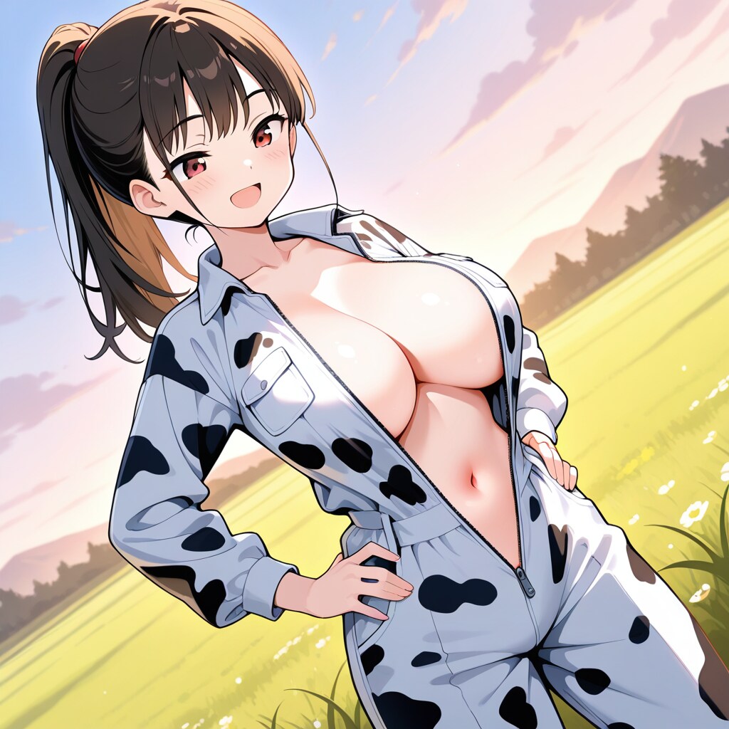 牛柄つなぎのおねーさん