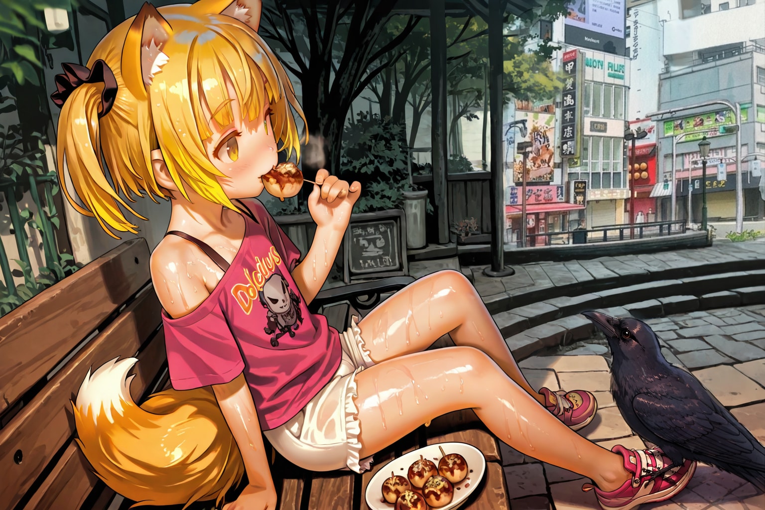 狐巫女のもふちゃん(普段着)と八咫烏とたこ焼き