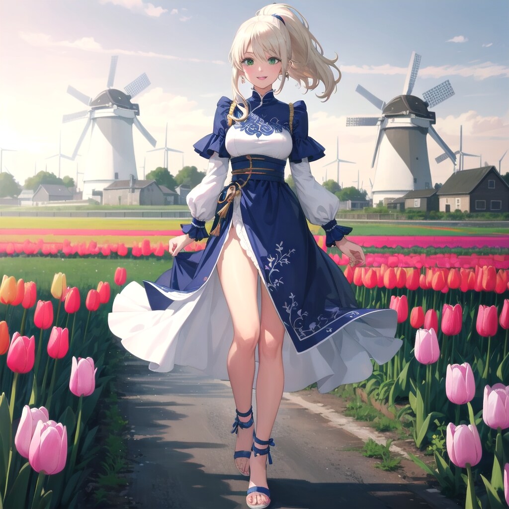 チューリップが咲く草原を歩く女の子