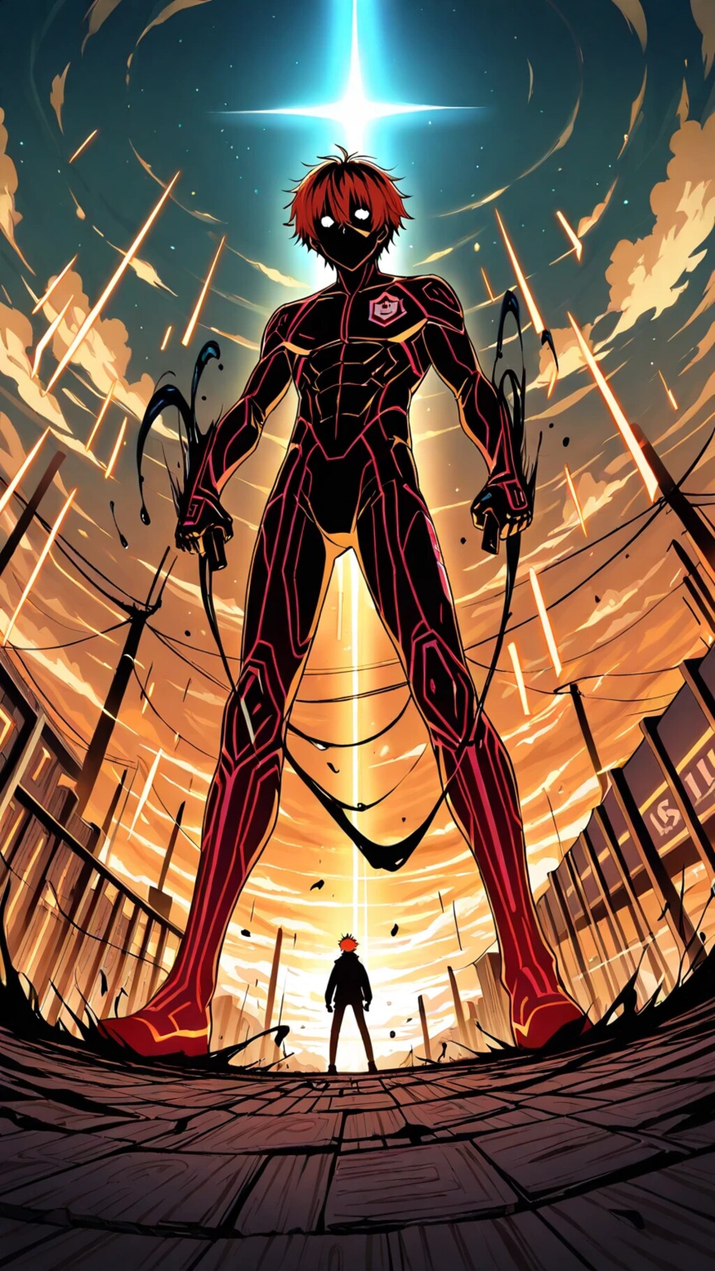 裂けた光の向こうに、 まだ誰も知らない世界がある。 小さな足音が、 巨影の沈黙を揺らす。