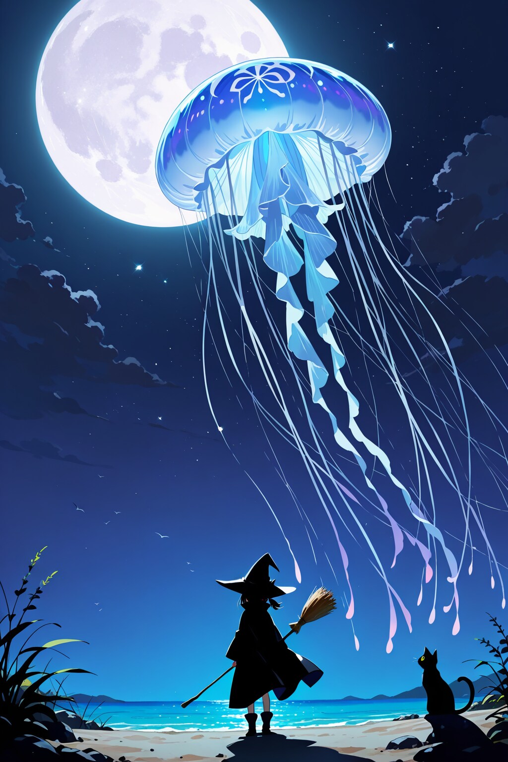 月明かりの魔女と黒猫 | の人気AIイラスト・グラビア