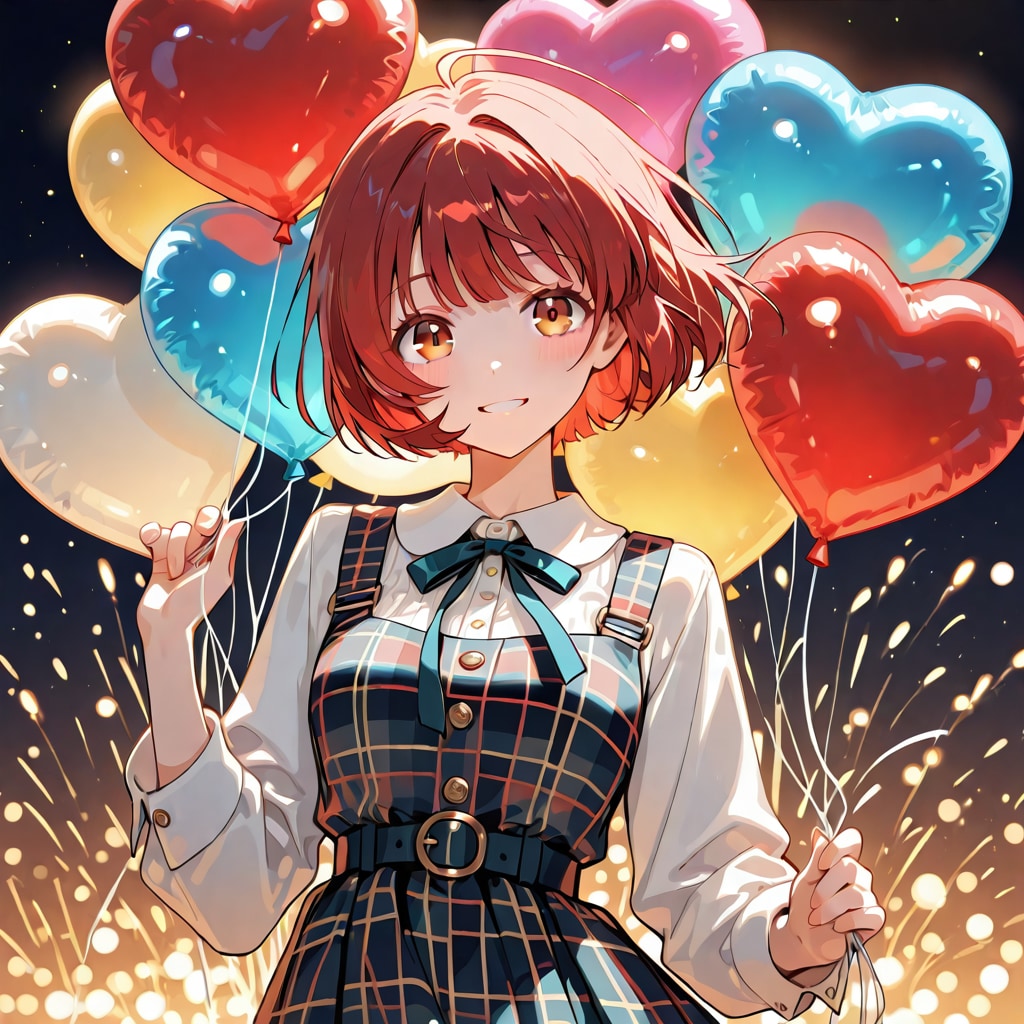 いっぱい色とりどりのハート風船を持つ赤い髪ショートカットのタータンチェック柄の服着た美少女