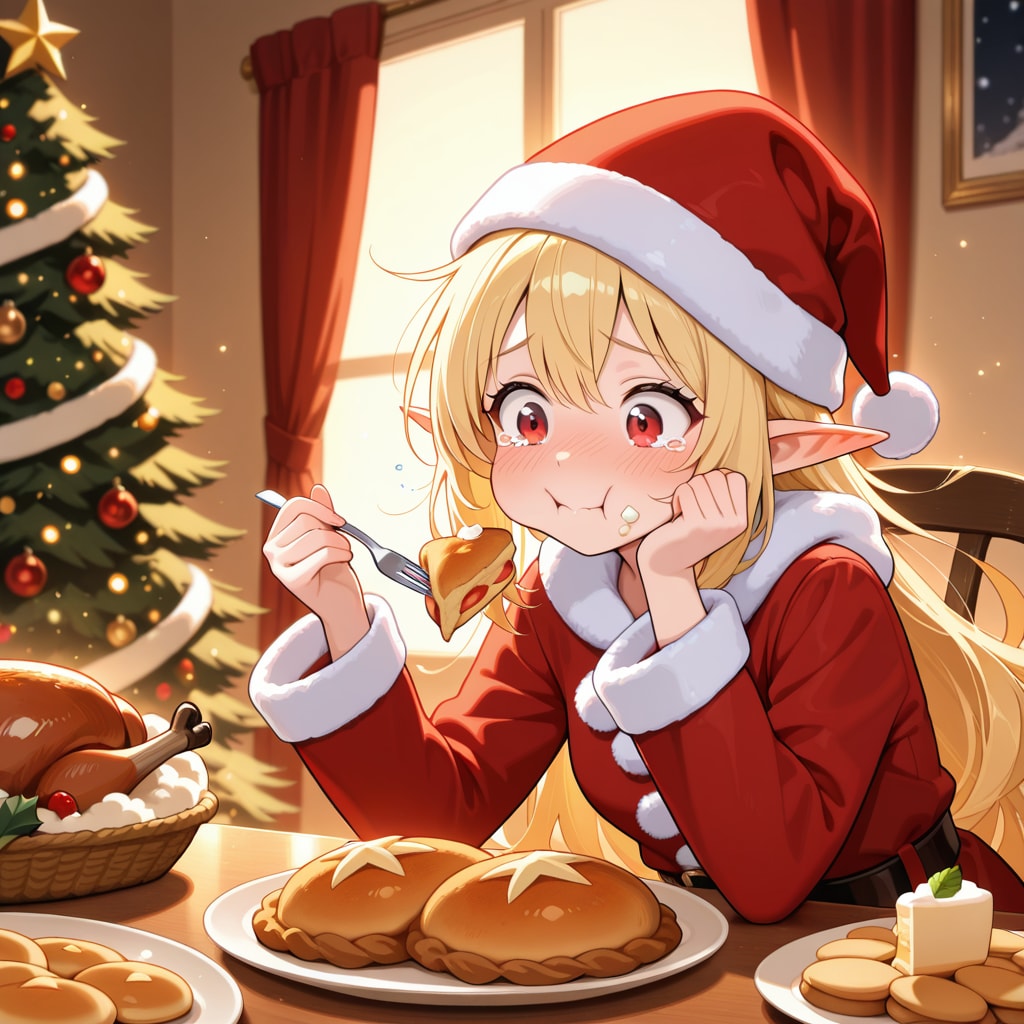 クリスマス（徹夜）明けに遅めのクリスマスディナーを取るエルフ女の子