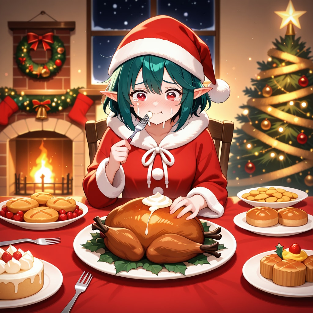 クリスマス（徹夜）明けに遅めのクリスマスディナーを取るエルフ女の子