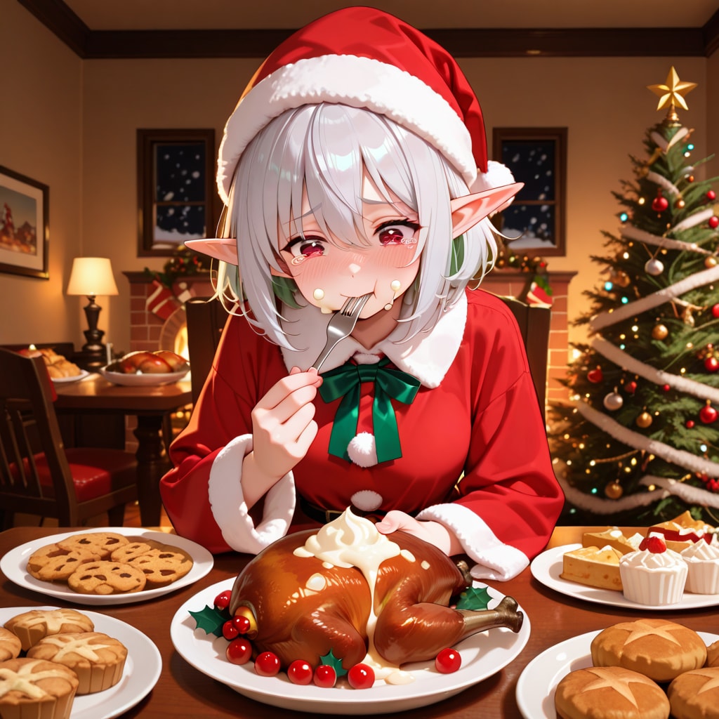 クリスマス（徹夜）明けに遅めのクリスマスディナーを取るエルフ女の子