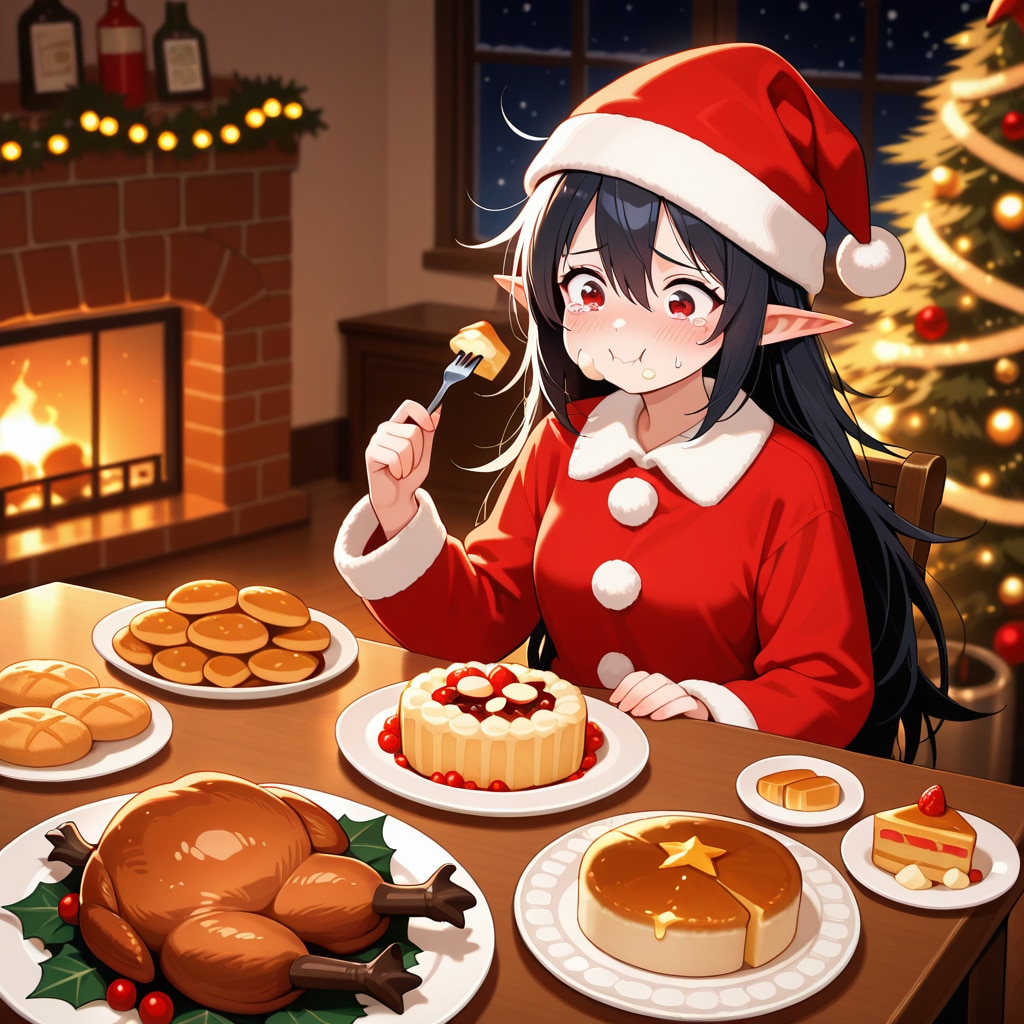 クリスマス（徹夜）明けに遅めのクリスマスディナーを取るエルフ女の子