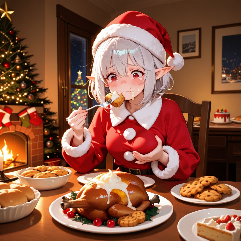 クリスマス（徹夜）明けに遅めのクリスマスディナーを取るエルフ女の子 | の人気AIイラスト・グラビア