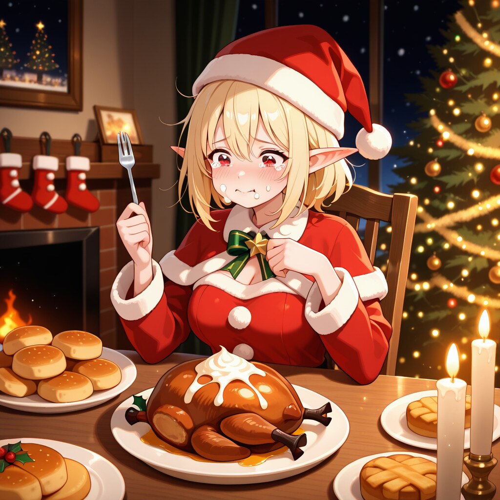 クリスマス（徹夜）明けに遅めのクリスマスディナーを取るエルフ女の子