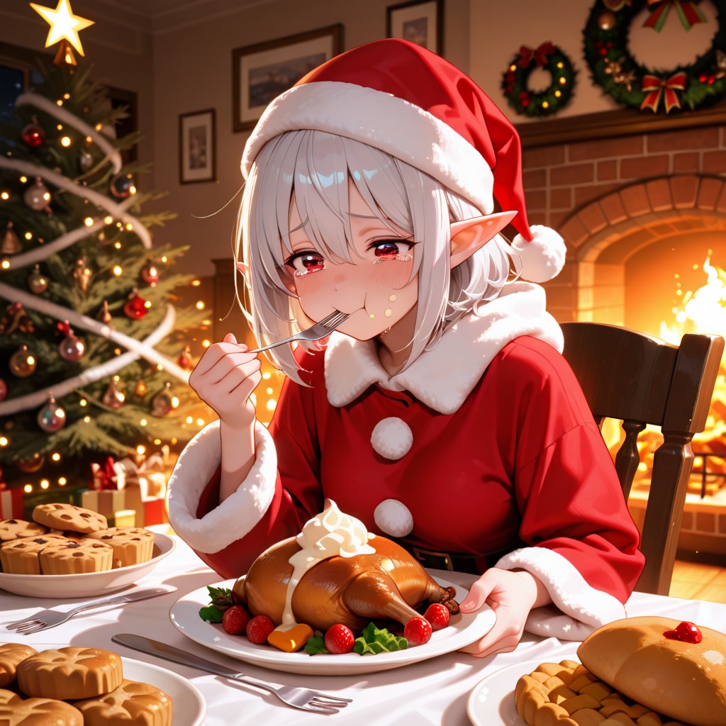 クリスマス（徹夜）明けに遅めのクリスマスディナーを取るエルフ女の子