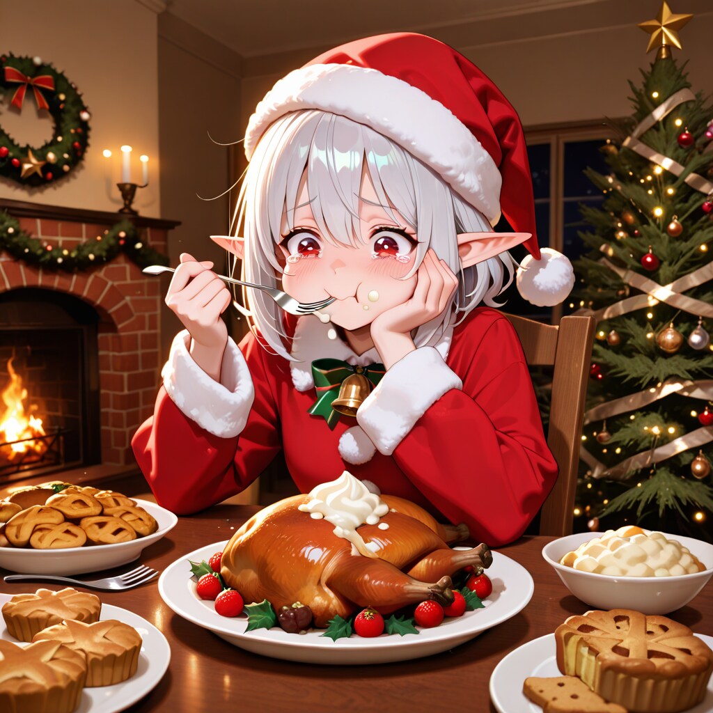 クリスマス（徹夜）明けに遅めのクリスマスディナーを取るエルフ女の子