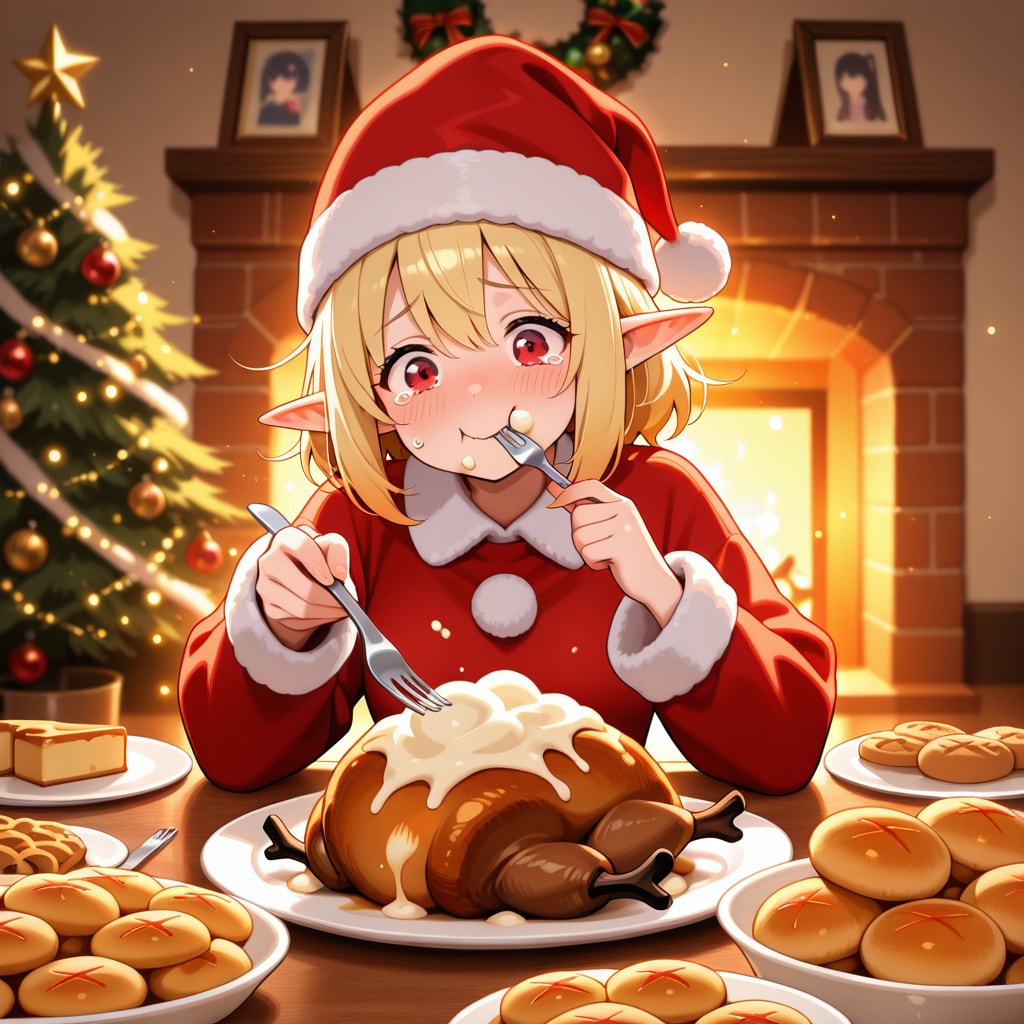 クリスマス（徹夜）明けに遅めのクリスマスディナーを取るエルフ女の子