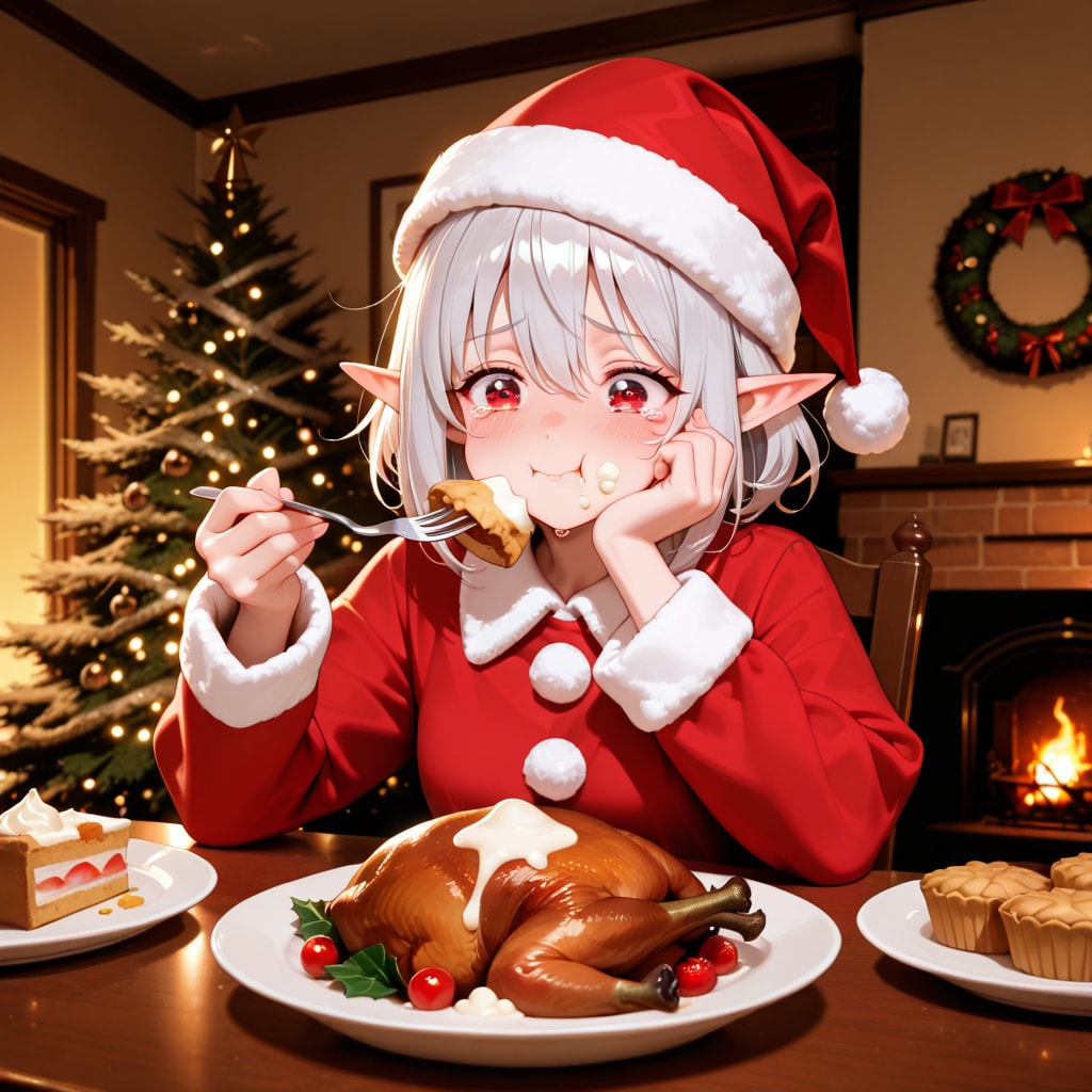 クリスマス（徹夜）明けに遅めのクリスマスディナーを取るエルフ女の子
