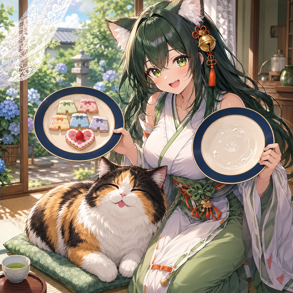 謎のお皿2枚ありがとうございました（１）三毛殿と翠鈴　GPTimages2.0