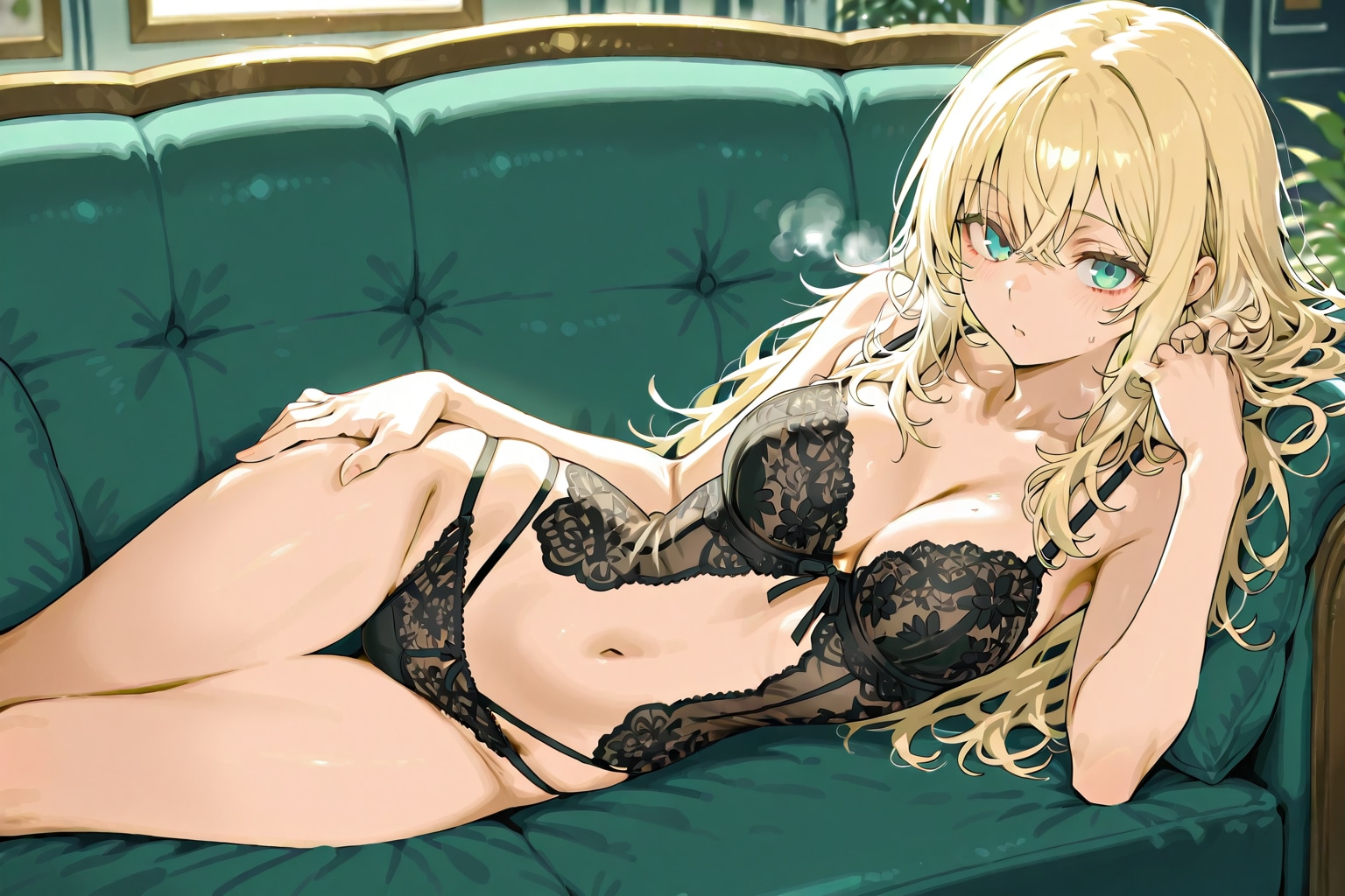 【習作】ソファーに寝そべる黒レースランジェリー姿の美少女