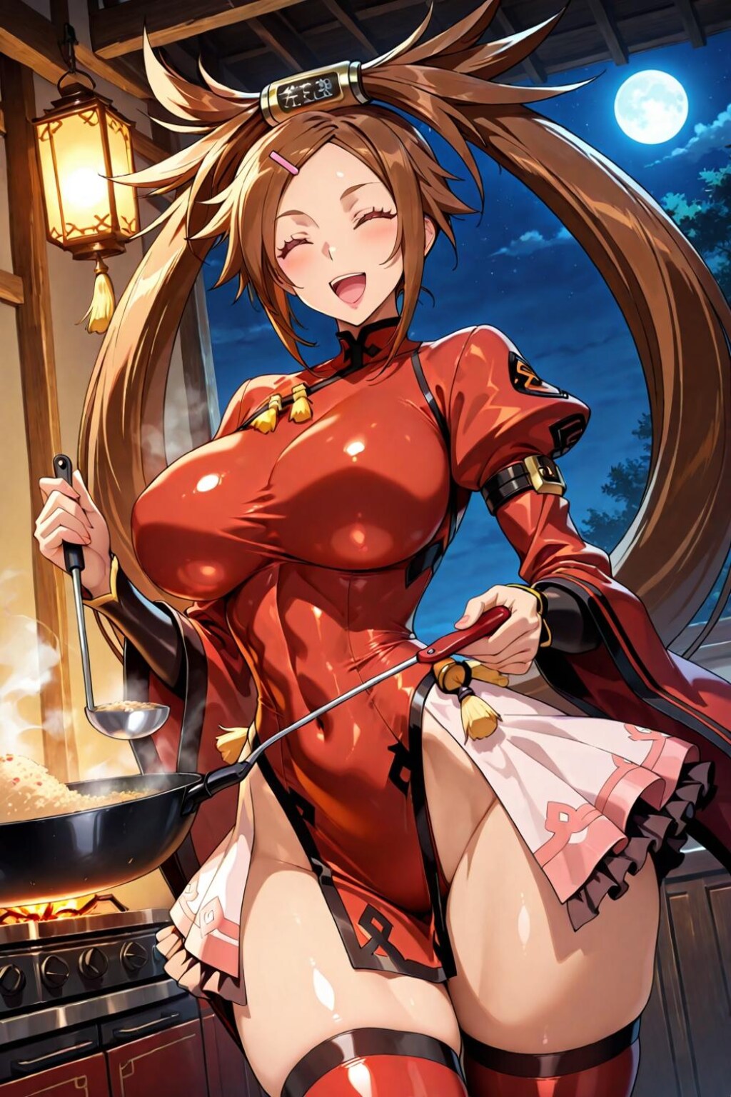 チャーハンを作るエプロンコスプレ料理人人妻