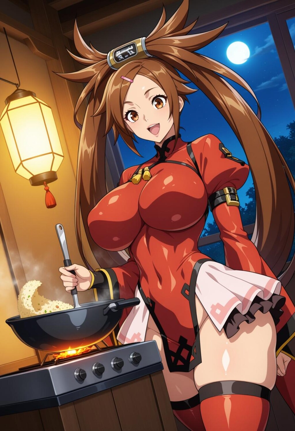 チャーハンを作るエプロンコスプレ料理人人妻