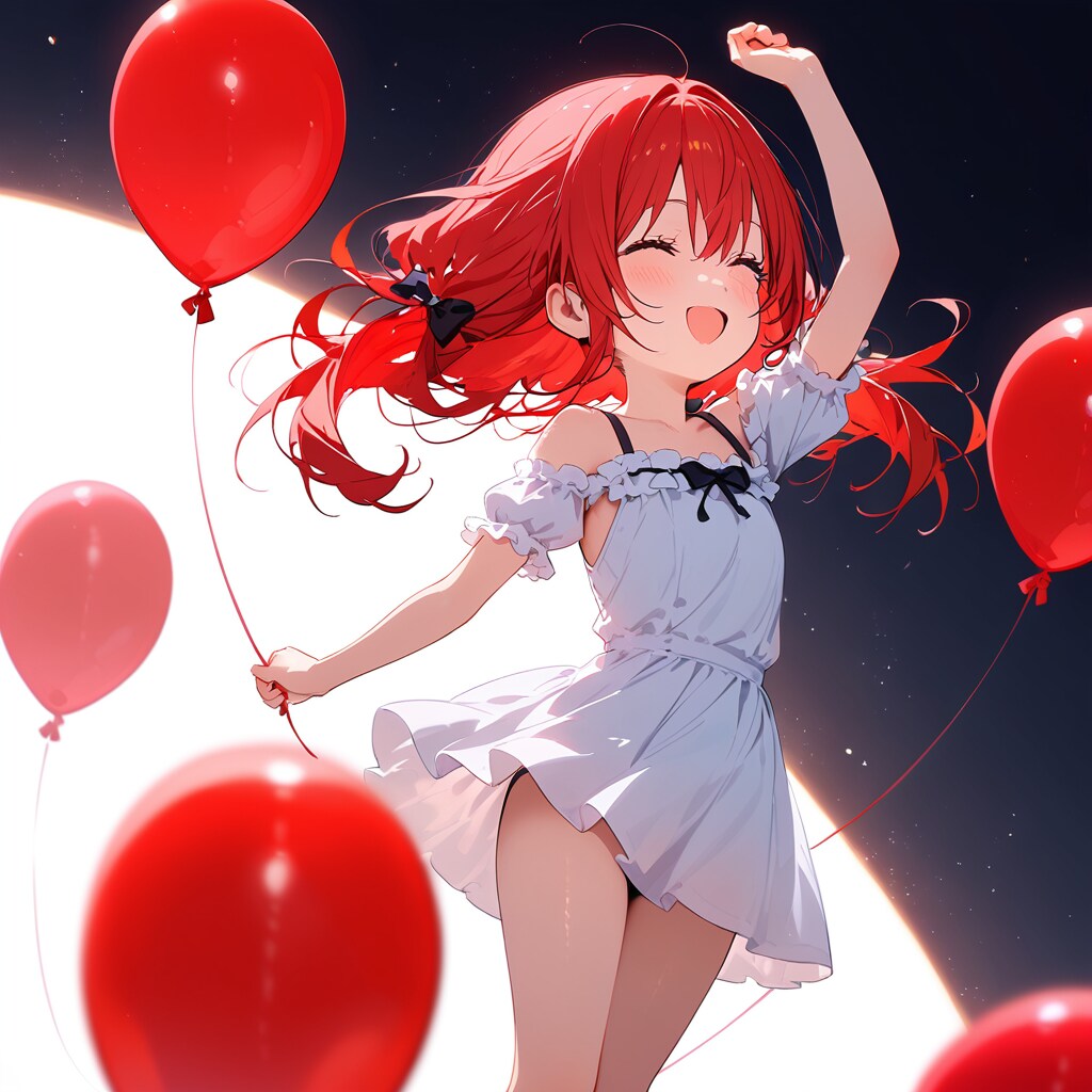 赤い風船を持ってダンスをする赤い髪の女の子