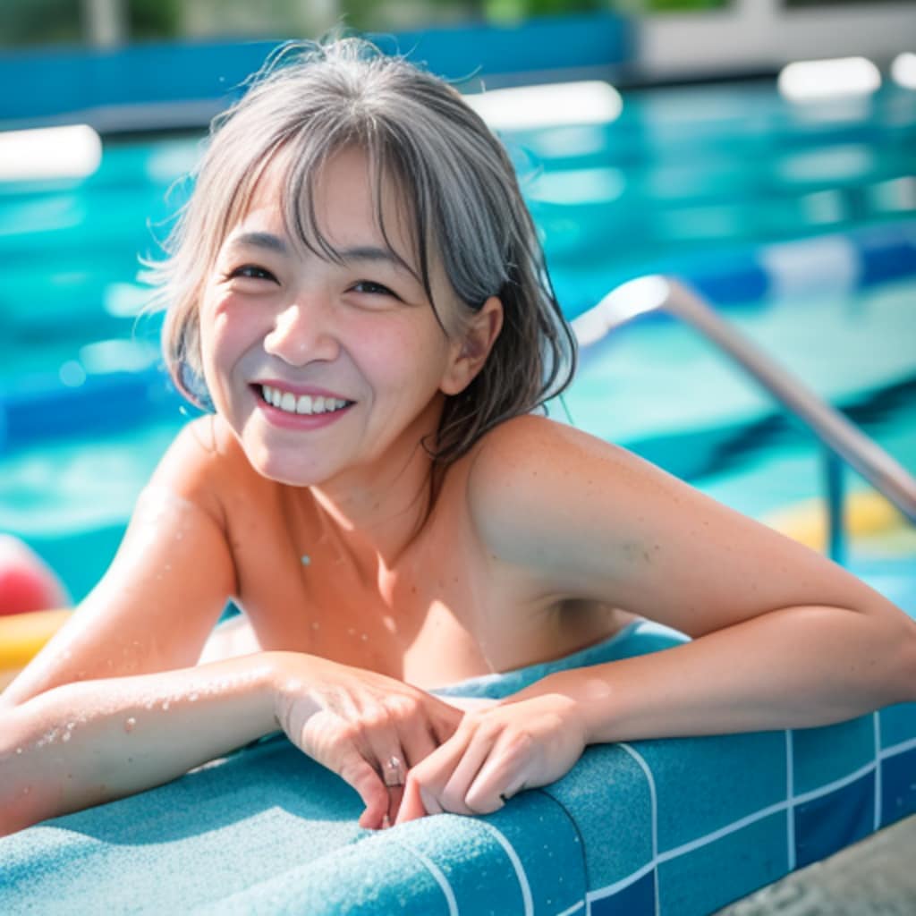 プールで運動する美熟女